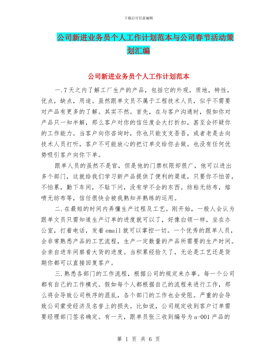 公司新进业务员个人工作计划范本与公司春节活动策划汇编_第1页