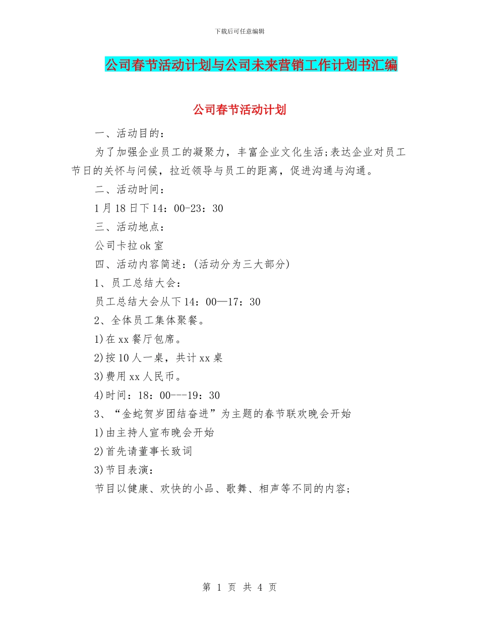 公司春节活动计划与公司未来营销工作计划书汇编_第1页