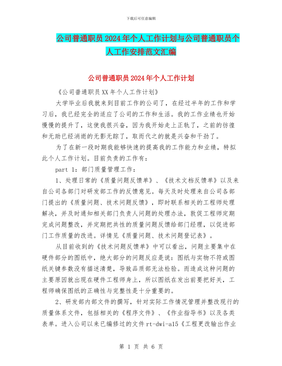 公司普通职员2024年个人工作计划与公司普通职员个人工作安排范文汇编_第1页