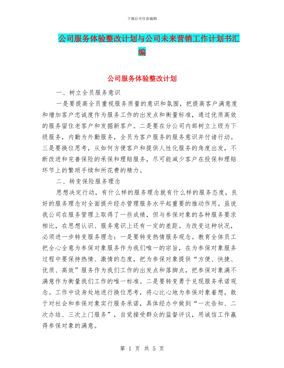 公司服务体验整改计划与公司未来营销工作计划书汇编_第1页
