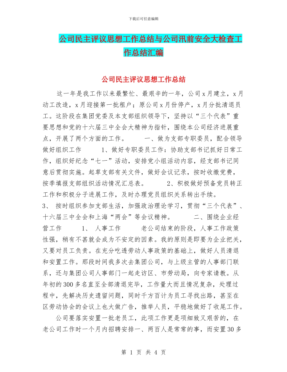 公司民主评议思想工作总结与公司汛前安全大检查工作总结汇编_第1页