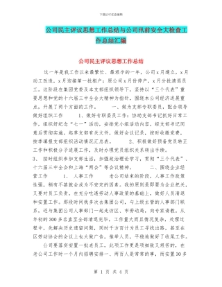 公司民主评议思想工作总结与公司汛前安全大检查工作总结汇编