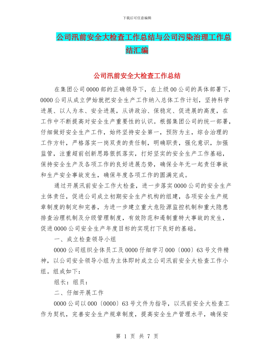 公司汛前安全大检查工作总结与公司污染治理工作总结汇编_第1页