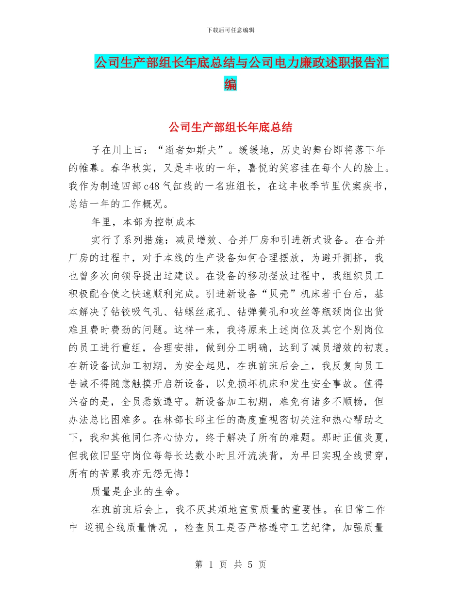 公司生产部组长年底总结与公司电力廉政述职报告汇编_第1页