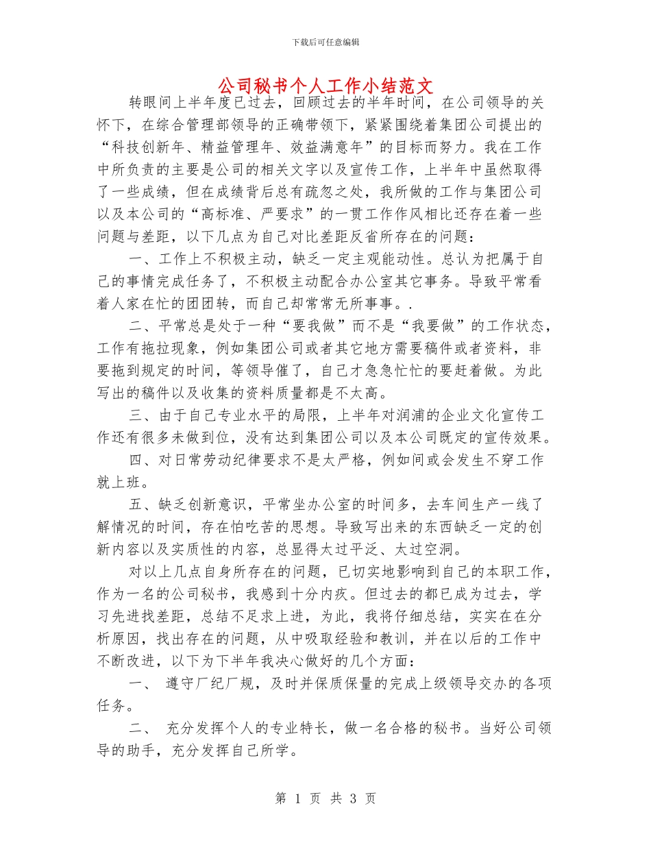 公司秘书个人工作小结范文_第1页