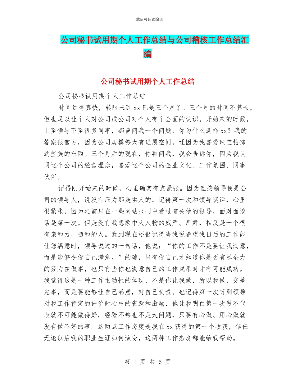 公司秘书试用期个人工作总结与公司稽核工作总结汇编_第1页