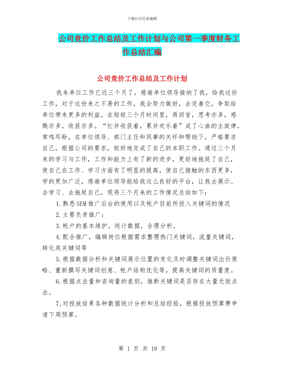 公司竞价工作总结及工作计划与公司第一季度财务工作总结汇编_第1页