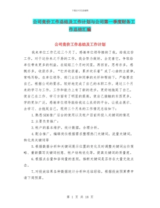 公司竞价工作总结及工作计划与公司第一季度财务工作总结汇编
