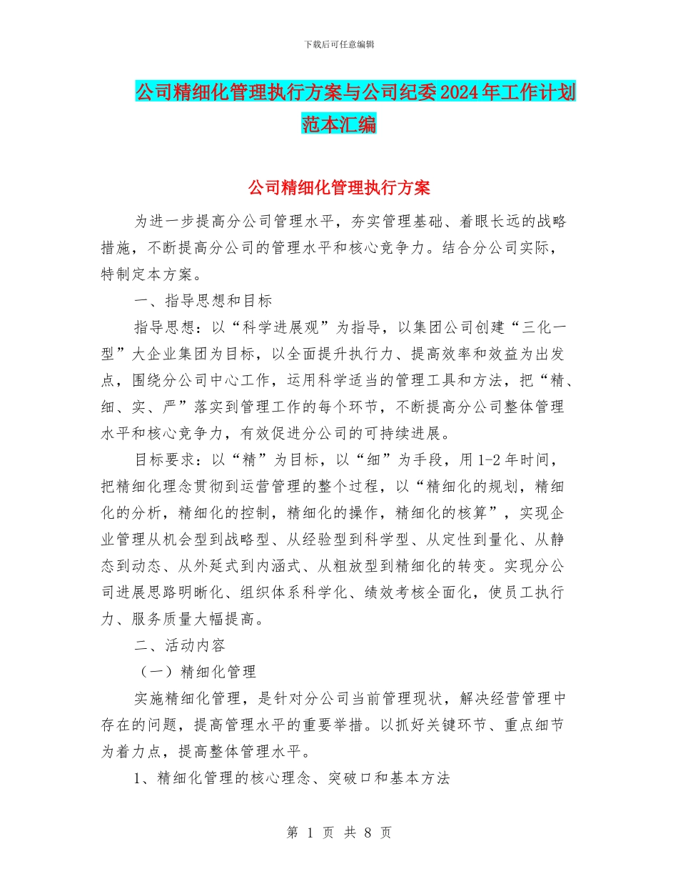 公司精细化管理执行方案与公司纪委2024年工作计划范本汇编_第1页