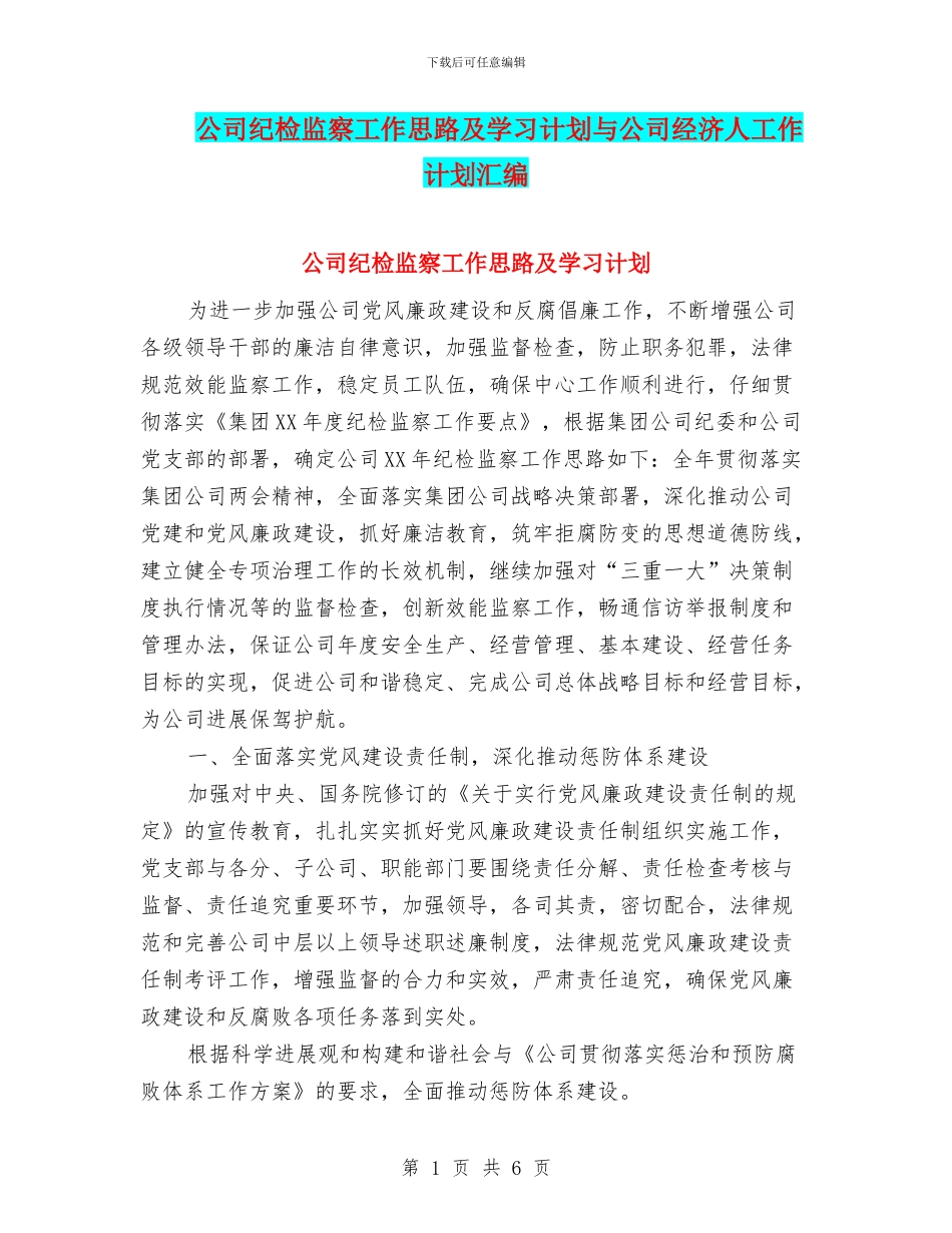 公司纪检监察工作思路及学习计划与公司经济人工作计划汇编_第1页