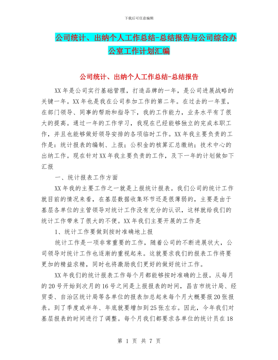 公司统计、出纳个人工作总结-总结报告与公司综合办公室工作计划汇编_第1页
