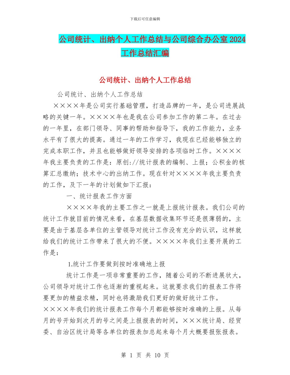 公司统计、出纳个人工作总结与公司综合办公室2024工作总结汇编_第1页