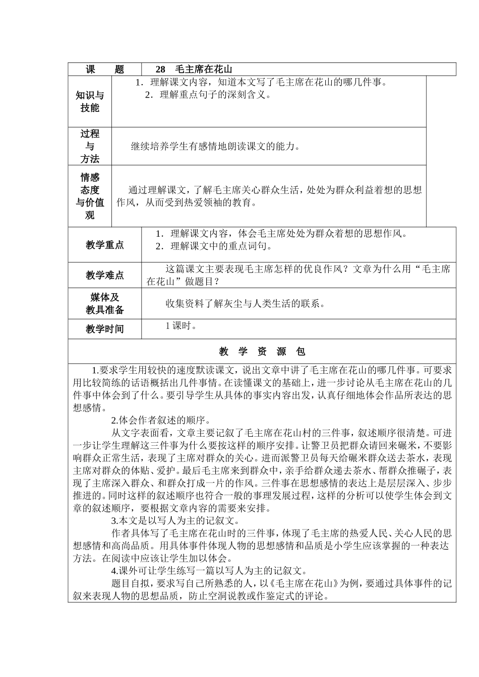 五年级上册《毛主席在花山》教学设计_第1页