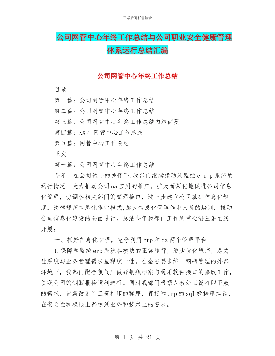 公司网管中心年终工作总结与公司职业安全健康管理体系运行总结汇编_第1页