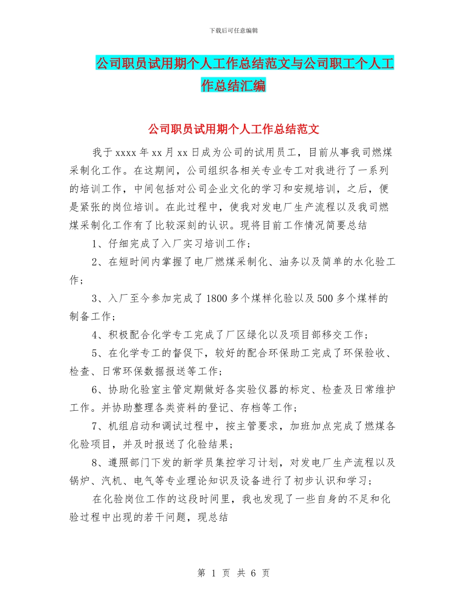 公司职员试用期个人工作总结范文与公司职工个人工作总结汇编_第1页