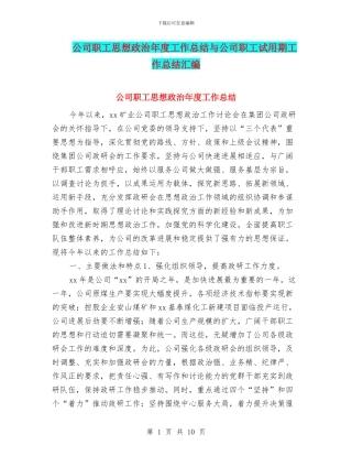 公司职工思想政治年度工作总结与公司职工试用期工作总结汇编