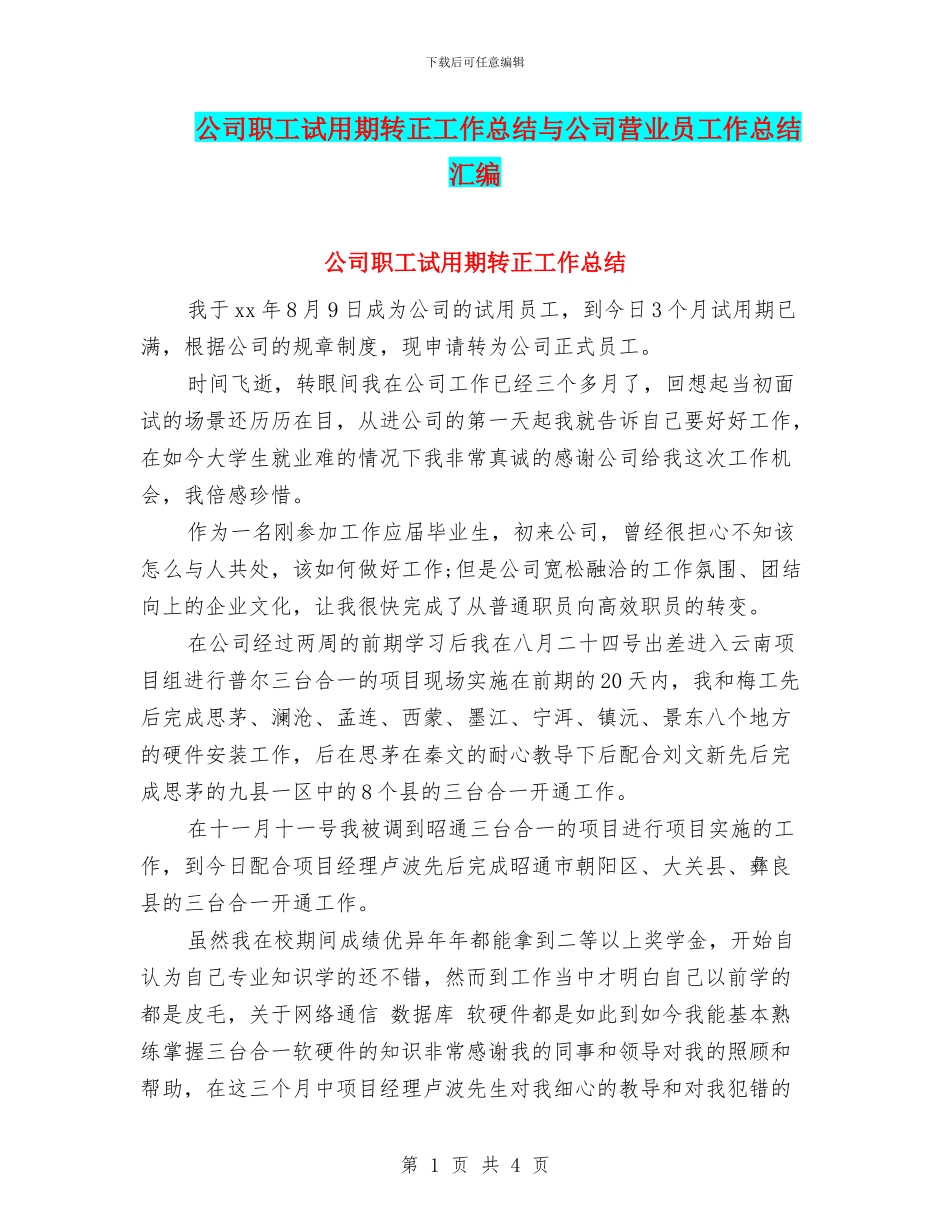公司职工试用期转正工作总结与公司营业员工作总结汇编_第1页