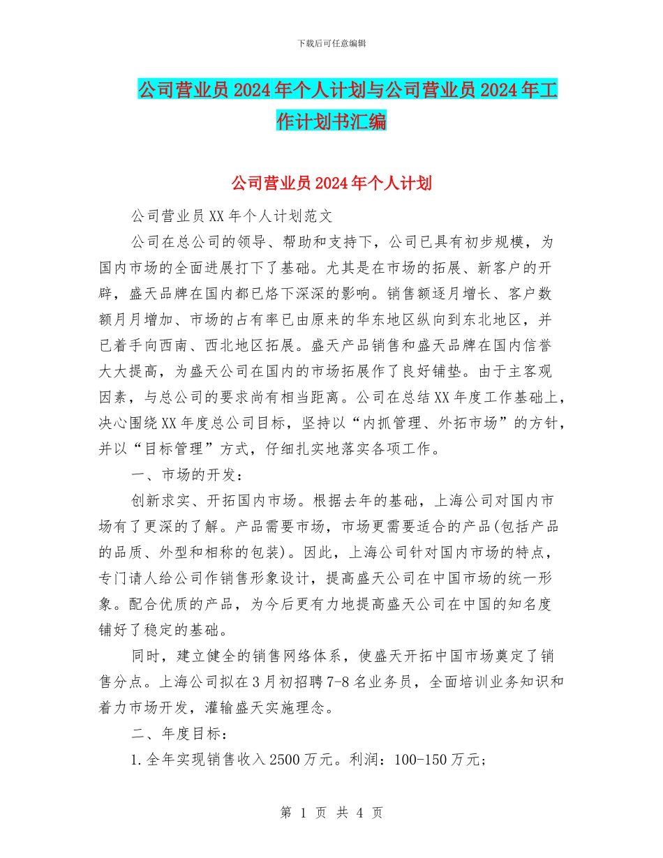 公司营业员2024年个人计划与公司营业员2024年工作计划书汇编_第1页