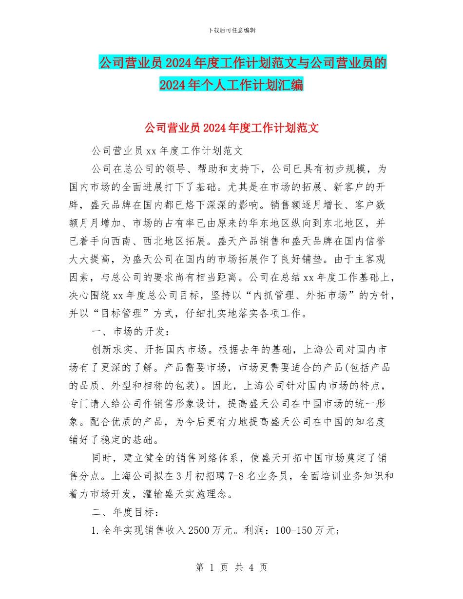 公司营业员2024年度工作计划范文与公司营业员的2024年个人工作计划汇编_第1页