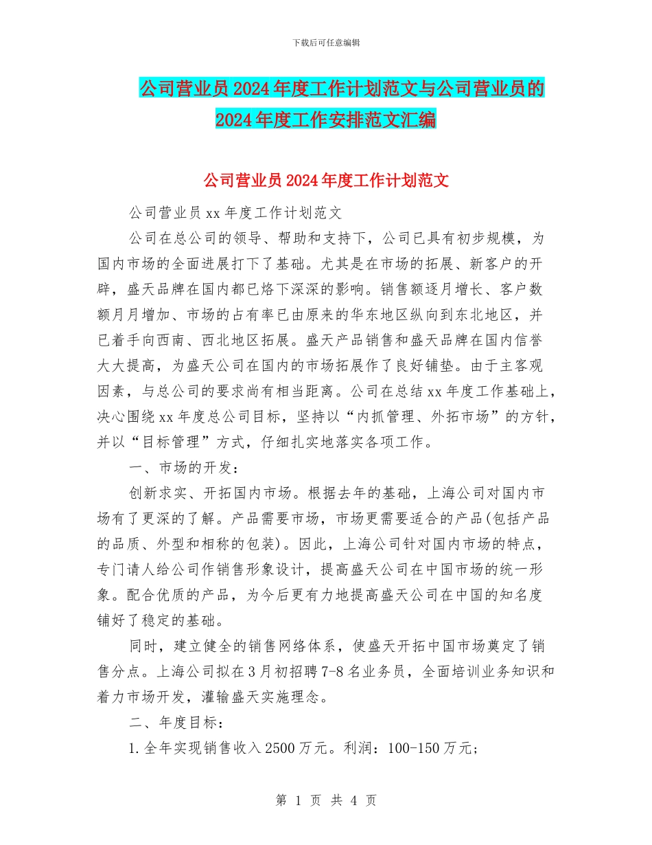公司营业员2024年度工作计划范文与公司营业员的2024年度工作安排范文汇编_第1页