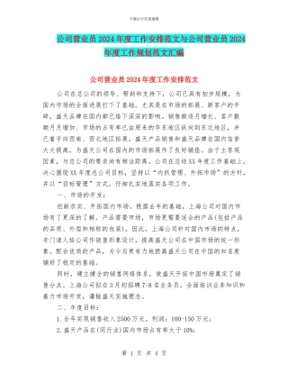 公司营业员2024年度工作安排范文与公司营业员2024年度工作规划范文汇编