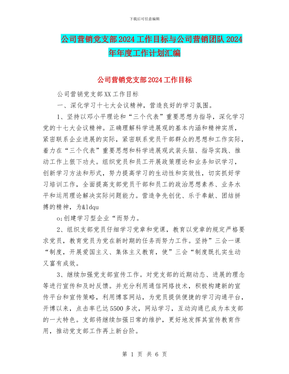 公司营销党支部2024工作目标与公司营销团队2024年年度工作计划汇编_第1页