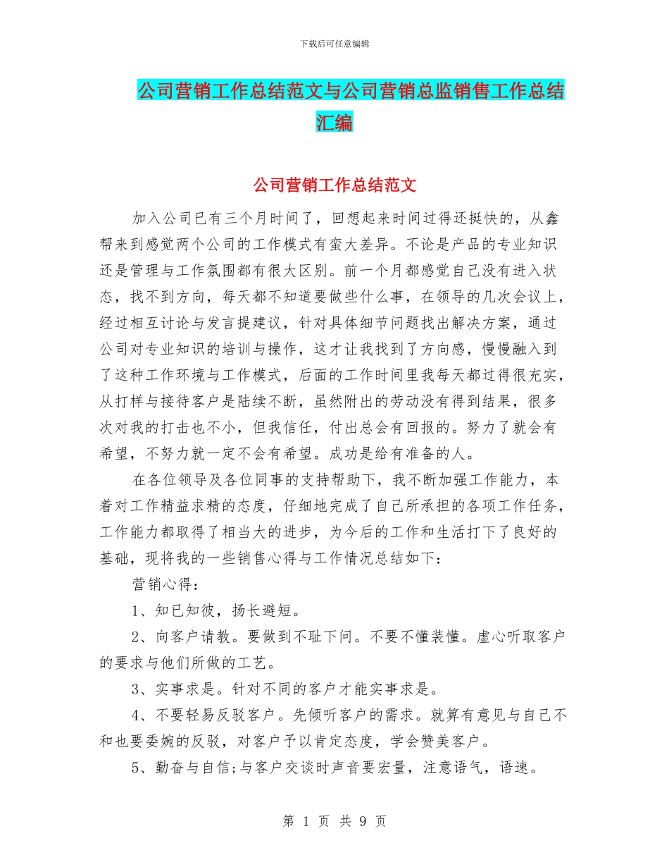 公司营销工作总结范文与公司营销总监销售工作总结汇编_第1页