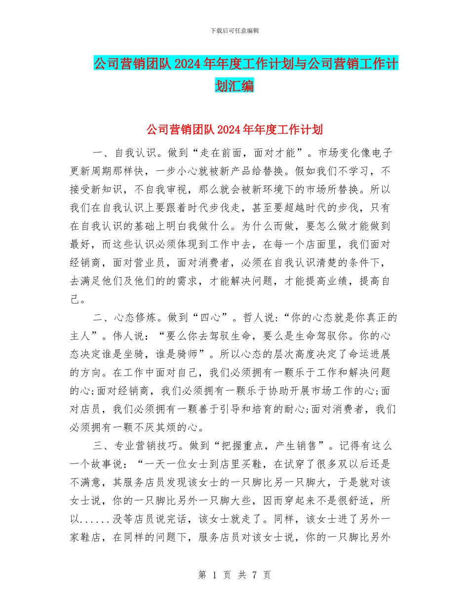 公司营销团队2024年年度工作计划与公司营销工作计划汇编_第1页