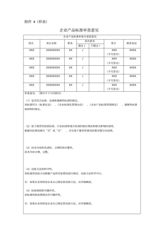 企业产品标准审查意见样表