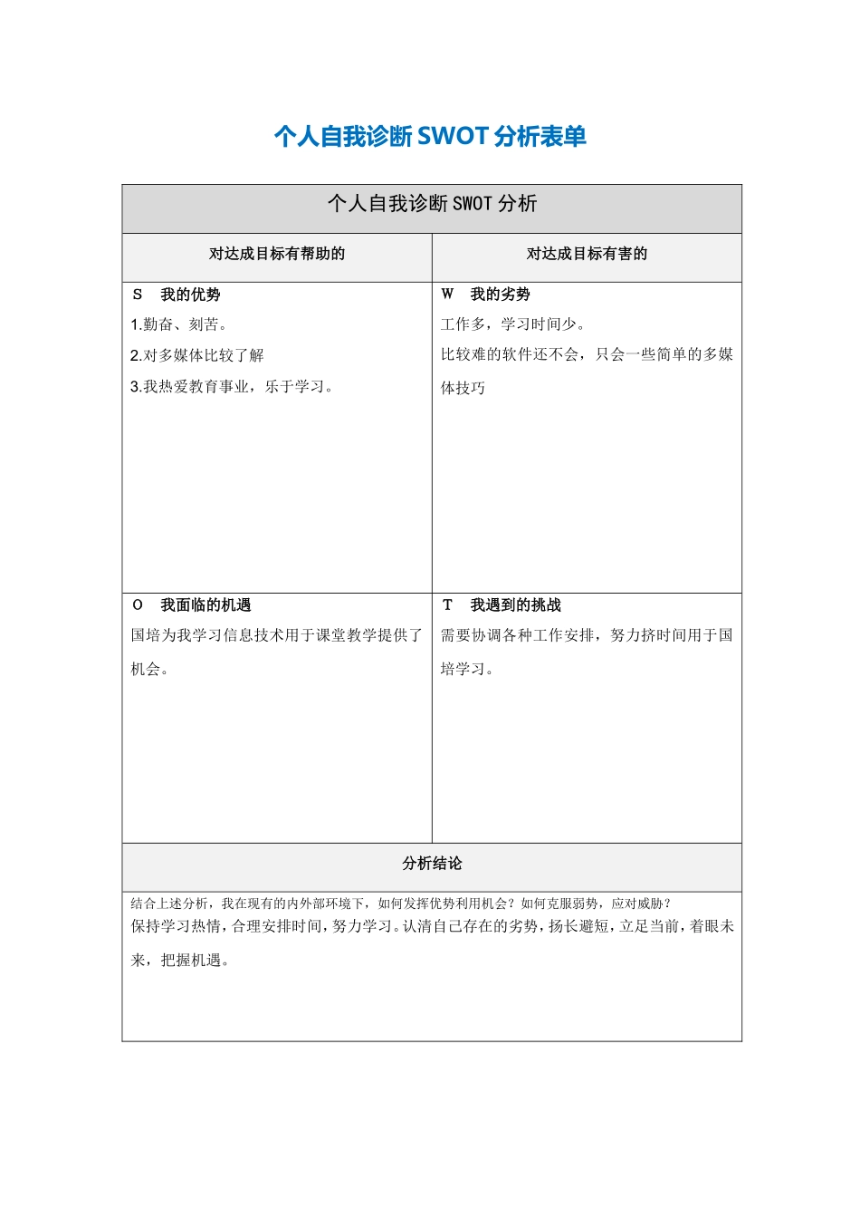 个人自我诊断SWOT分析表-(2)_第1页