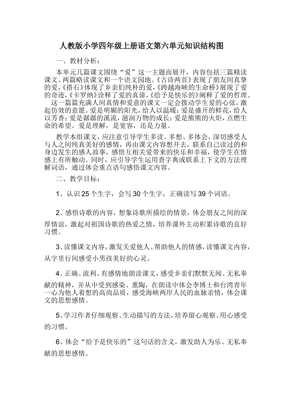 人教版小学四年级上册语文第六单元知识结构图_第1页