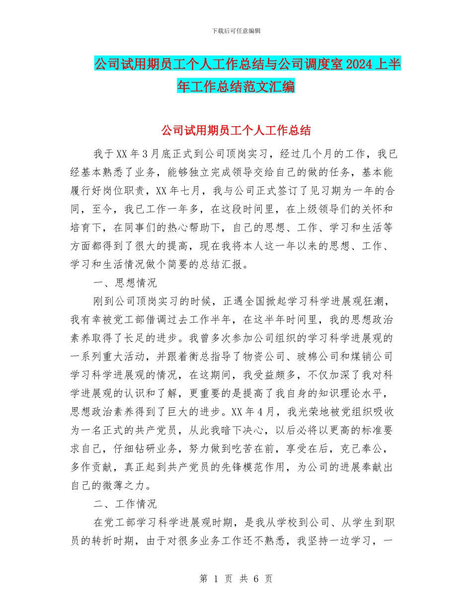 公司试用期员工个人工作总结与公司调度室2024上半年工作总结范文汇编_第1页