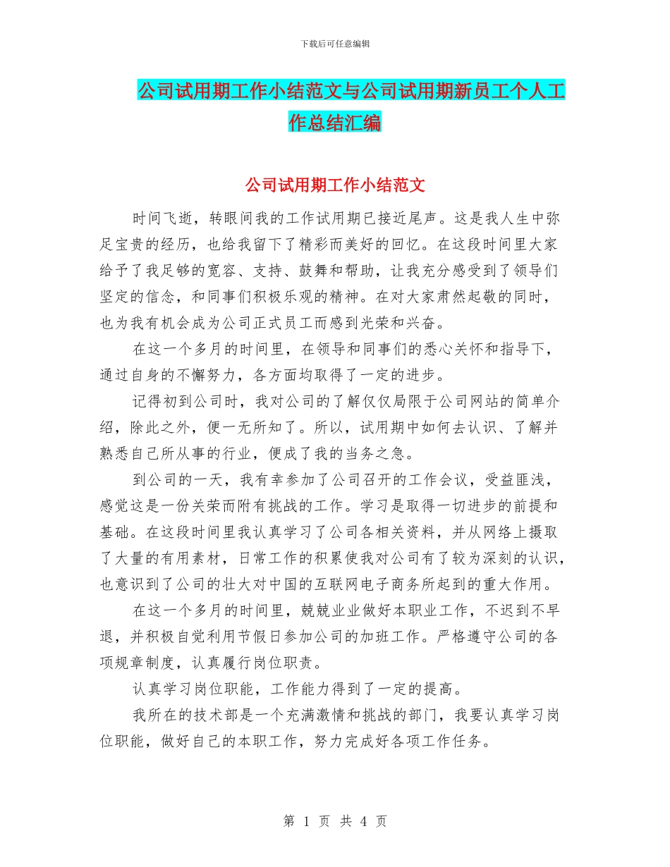 公司试用期工作小结范文与公司试用期新员工个人工作总结汇编_第1页