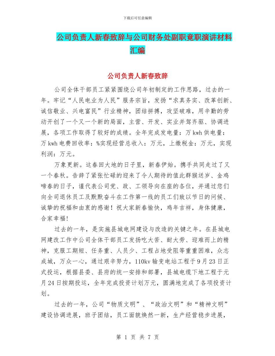 公司负责人新春致辞与公司财务处副职竟职演讲材料汇编_第1页