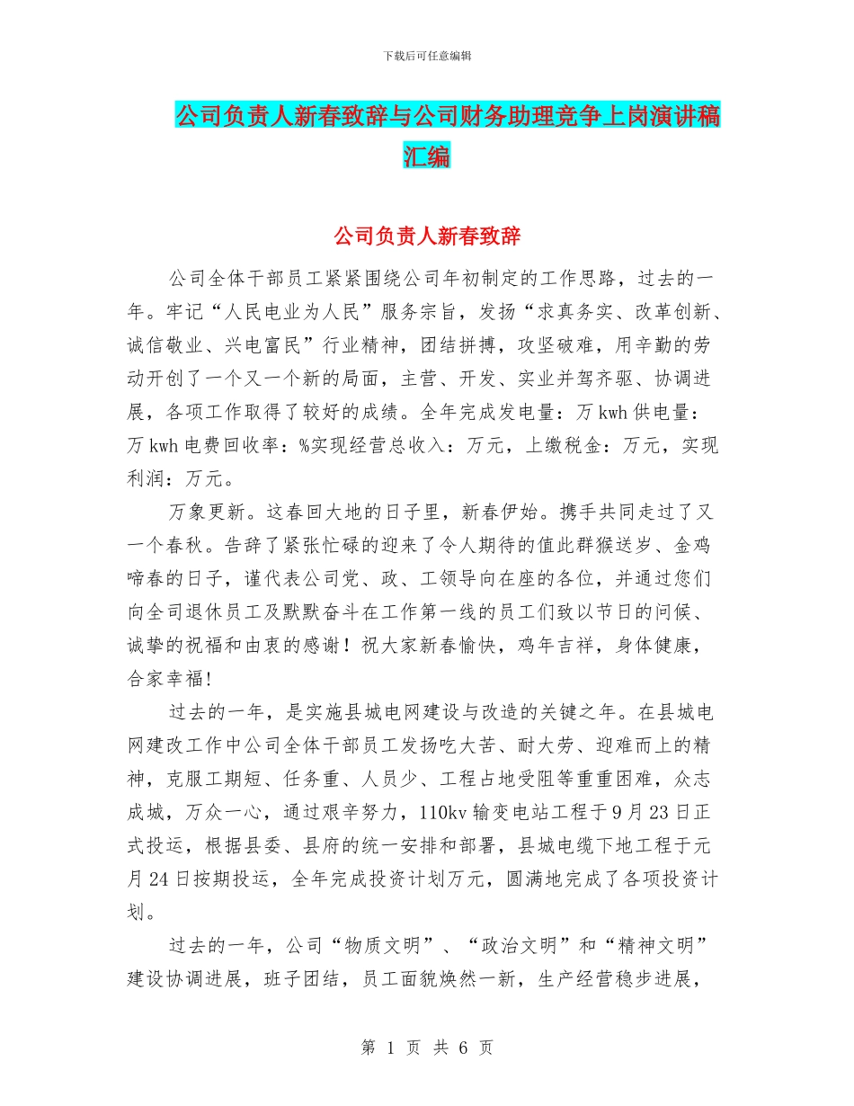 公司负责人新春致辞与公司财务助理竞争上岗演讲稿汇编_第1页