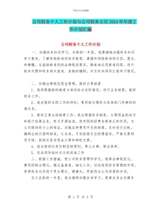 公司财务个人工作计划与公司财务主任2024年年度工作计划汇编