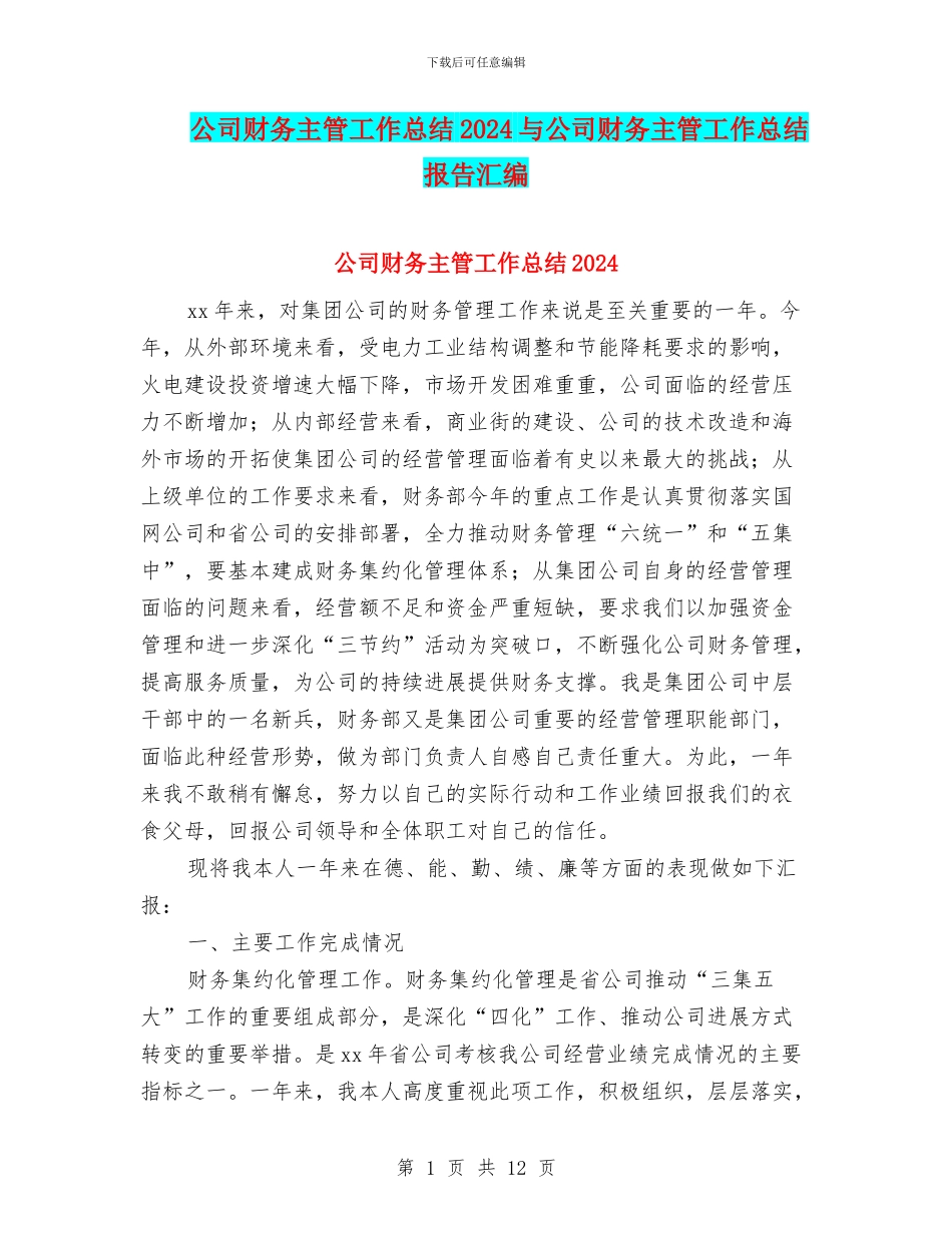 公司财务主管工作总结2024与公司财务主管工作总结报告汇编_第1页