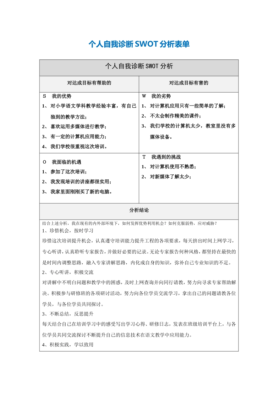 刘伯玉的个人自我诊断SWOT分析表_第1页