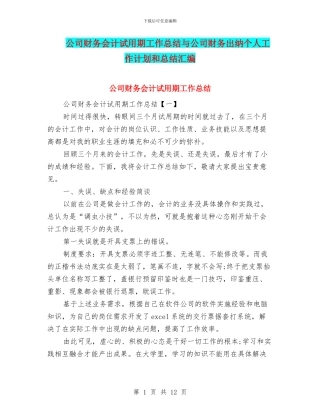 公司财务会计试用期工作总结与公司财务出纳个人工作计划和总结汇编