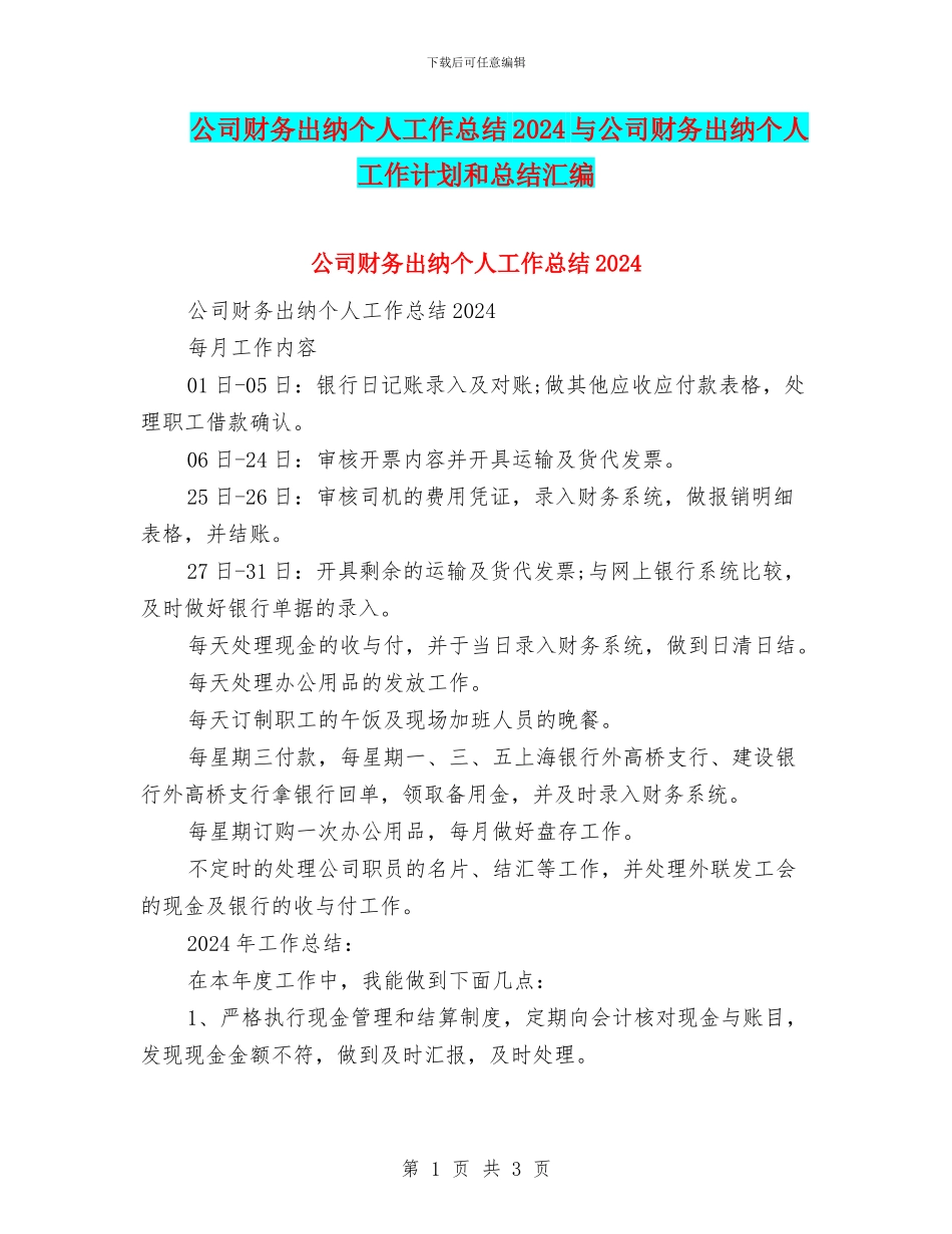 公司财务出纳个人工作总结2024与公司财务出纳个人工作计划和总结汇编_第1页