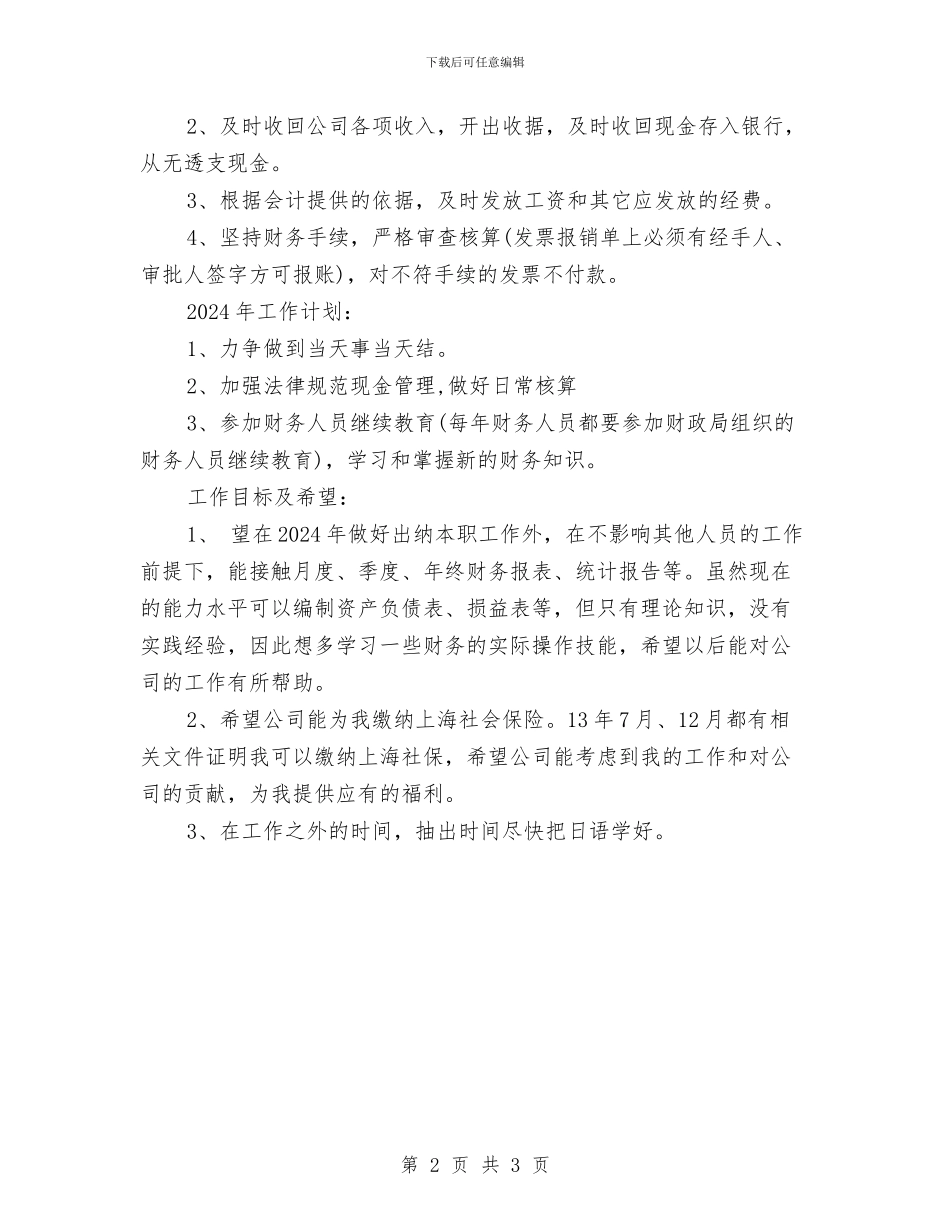 公司财务出纳个人工作总结2024与公司财务出纳个人工作计划和总结汇编_第2页