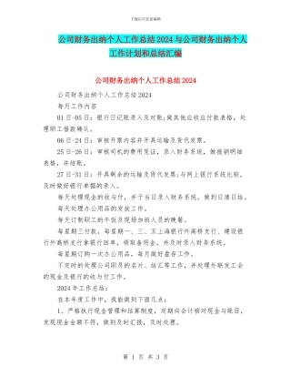 公司财务出纳个人工作总结2024与公司财务出纳个人工作计划和总结汇编