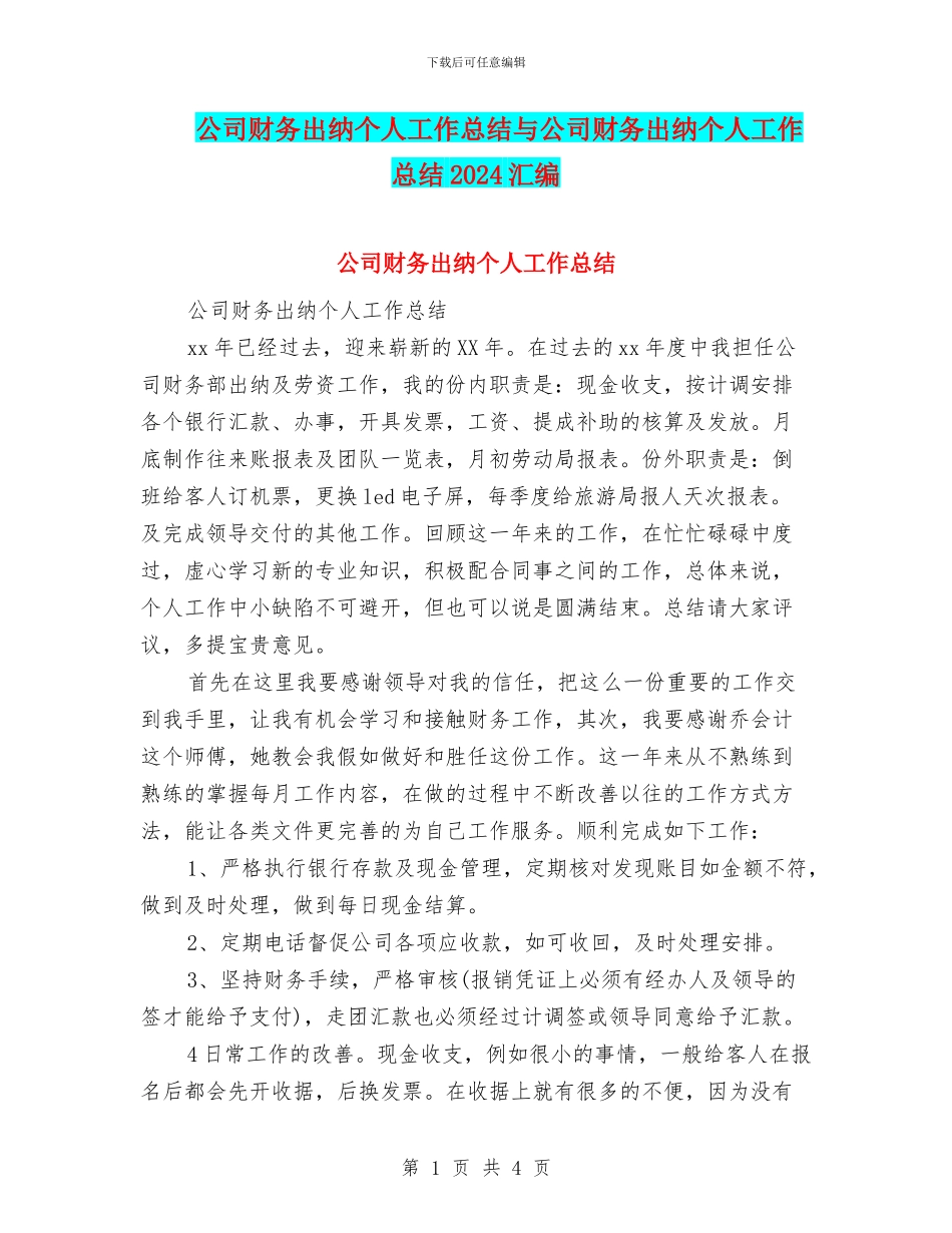 公司财务出纳个人工作总结与公司财务出纳个人工作总结2024汇编_第1页