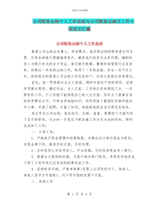 公司财务出纳个人工作总结与公司财务出纳月工作小结范文汇编