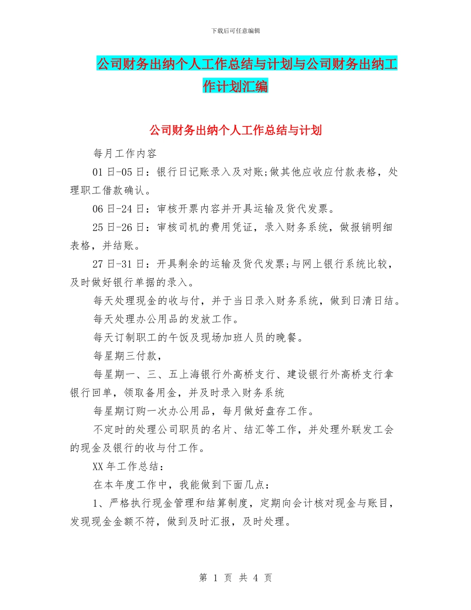 公司财务出纳个人工作总结与计划与公司财务出纳工作计划汇编_第1页