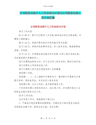 公司财务出纳个人工作总结与计划与公司财务出纳工作计划汇编