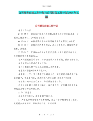 公司财务出纳工作计划与公司财务工作计划2024年汇编