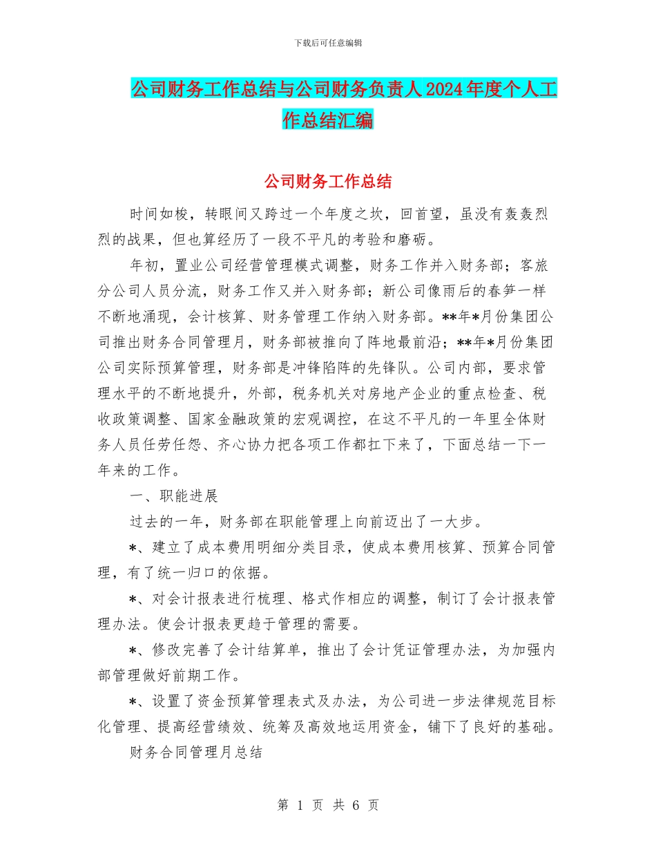 公司财务工作总结与公司财务负责人2024年度个人工作总结汇编_第1页