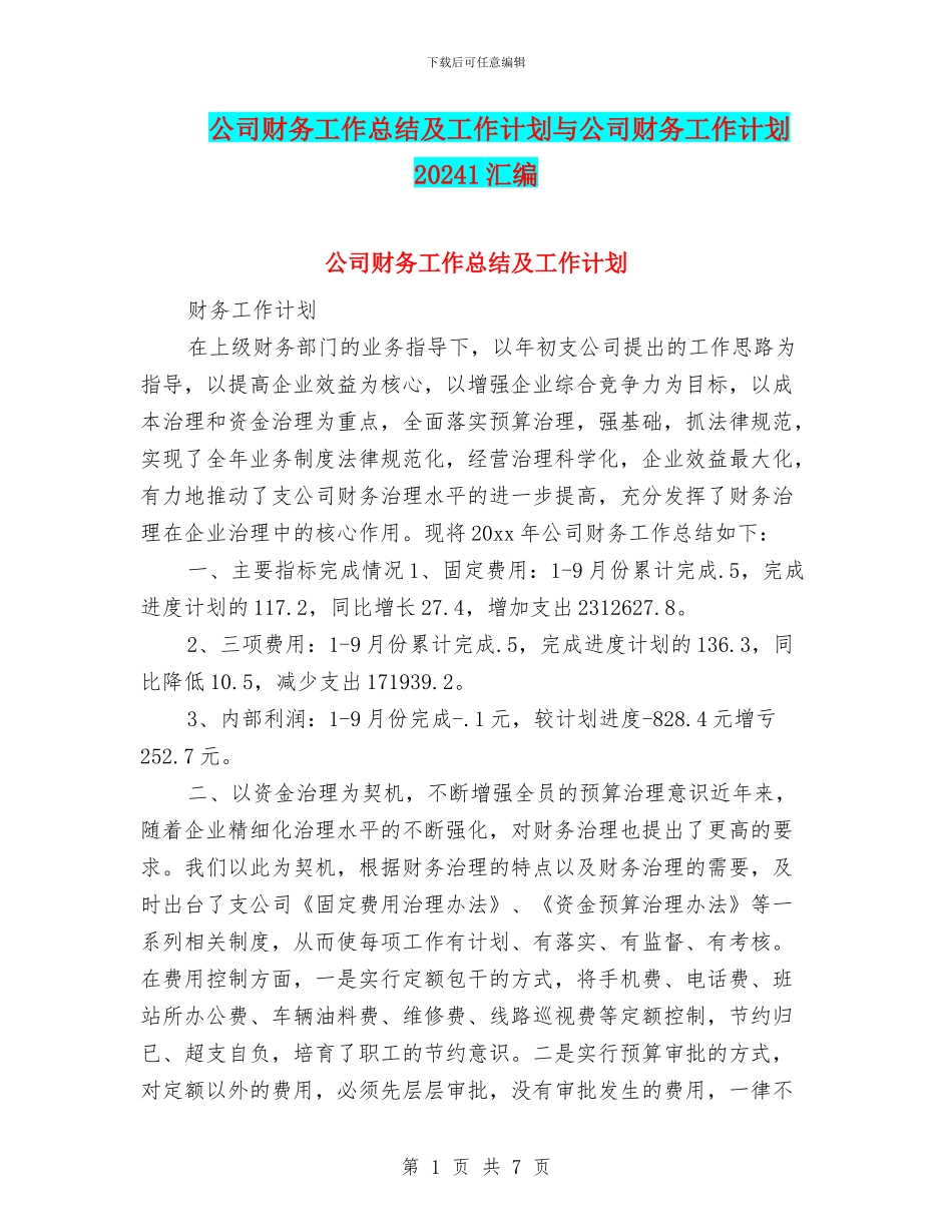 公司财务工作总结及工作计划与公司财务工作计划20241汇编_第1页