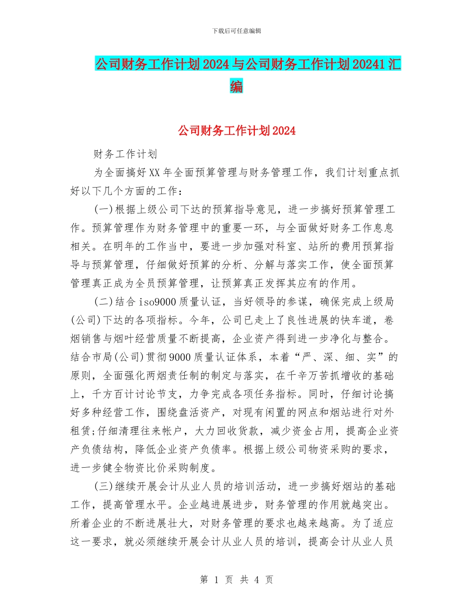 公司财务工作计划2024与公司财务工作计划20241汇编_第1页